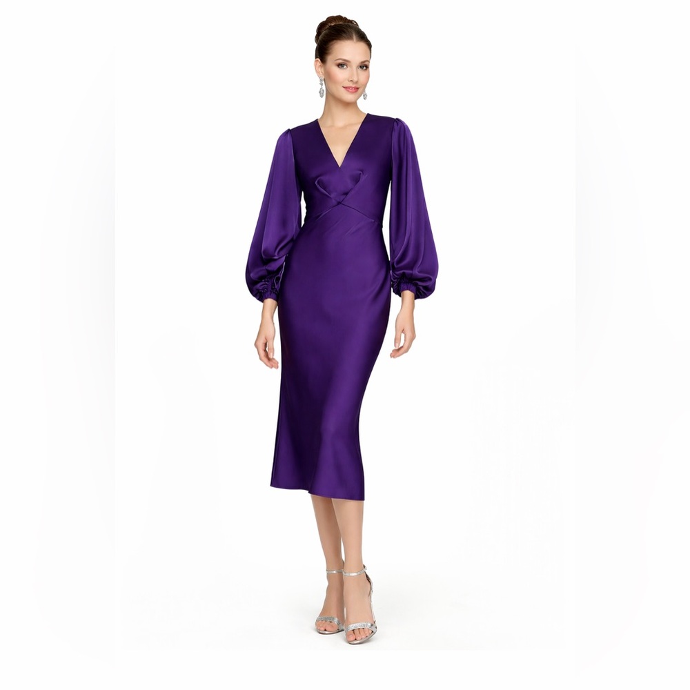 Sachin & Babi Womens Purple Below The Knee Long Sleeve Dress Cocktail Dress Sz 6